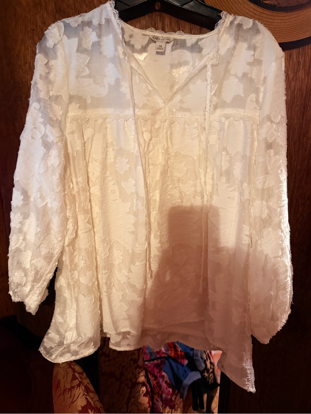 Cato White Textured Floral V-Neck Peasant Blouse with stretch lining.